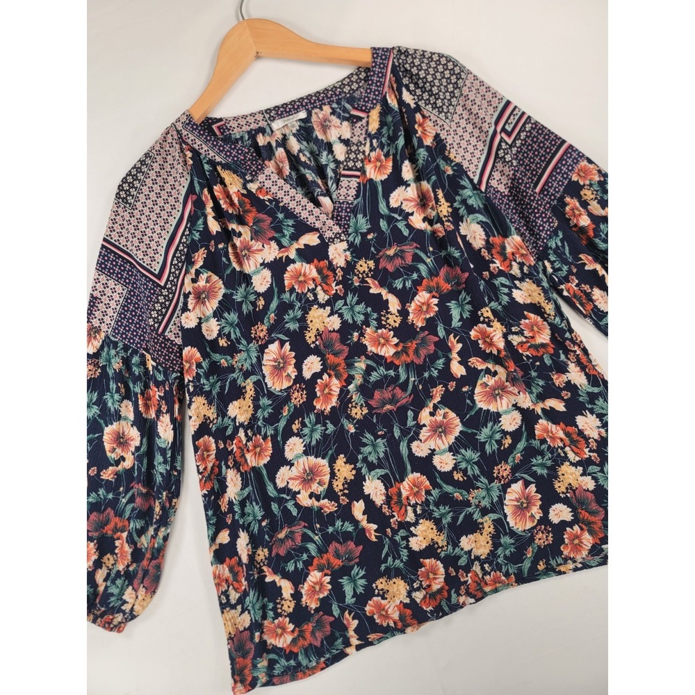 Jodiel Floral Boho Peasant‎ Blouse Navy Orange Mixed Print L
